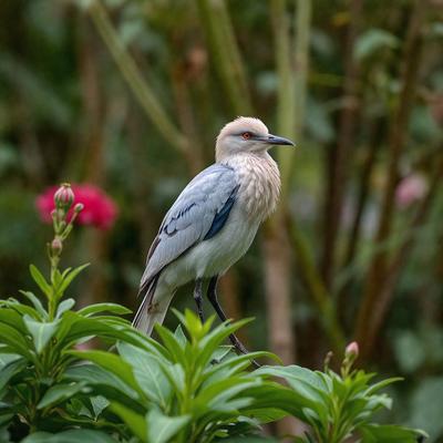 The primary subject of the image is a blue and white bird perched on a branch. The bird is surrounded by green leaves, creating a natural and serene setting. The visual style of the image is a photo, capturing the bird in its natural habitat. The colors and mood of the image are predominantly green and natural, with the blue and white bird standing out as the focal point.